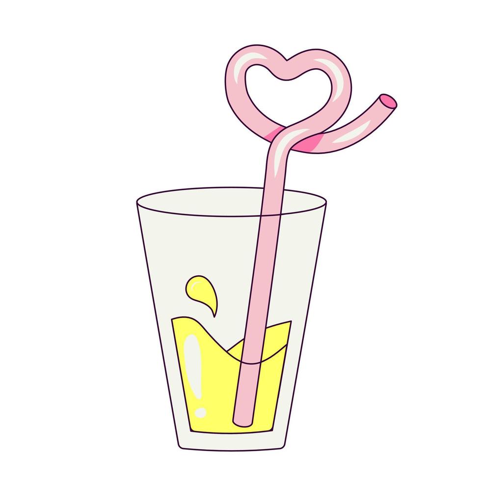 Cocktail with a Straw in the Shape of a Heart Party Illustration in Groovy Style Temporary Sticker or Badge vector