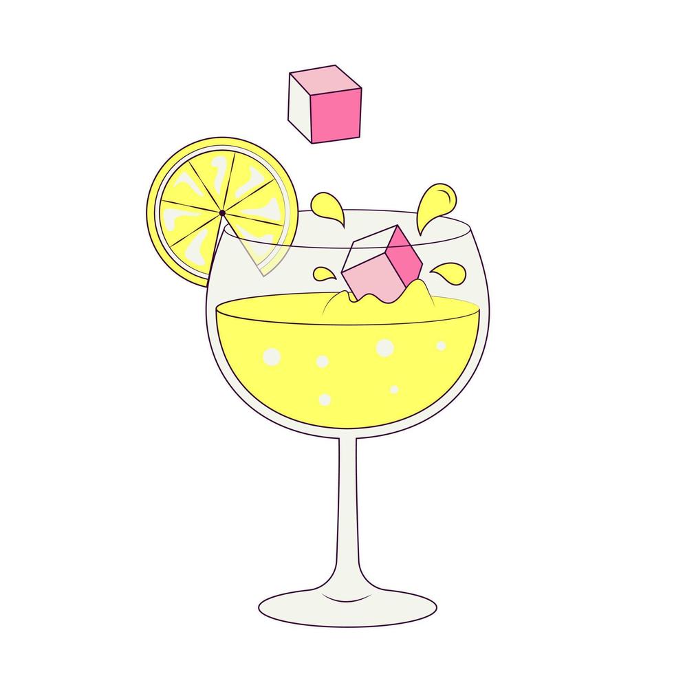 Cocktail with Ice Cubes a Slice of Lemon on a Glass Party Illustration in Groovy Style Temporary Sticker or Badge vector
