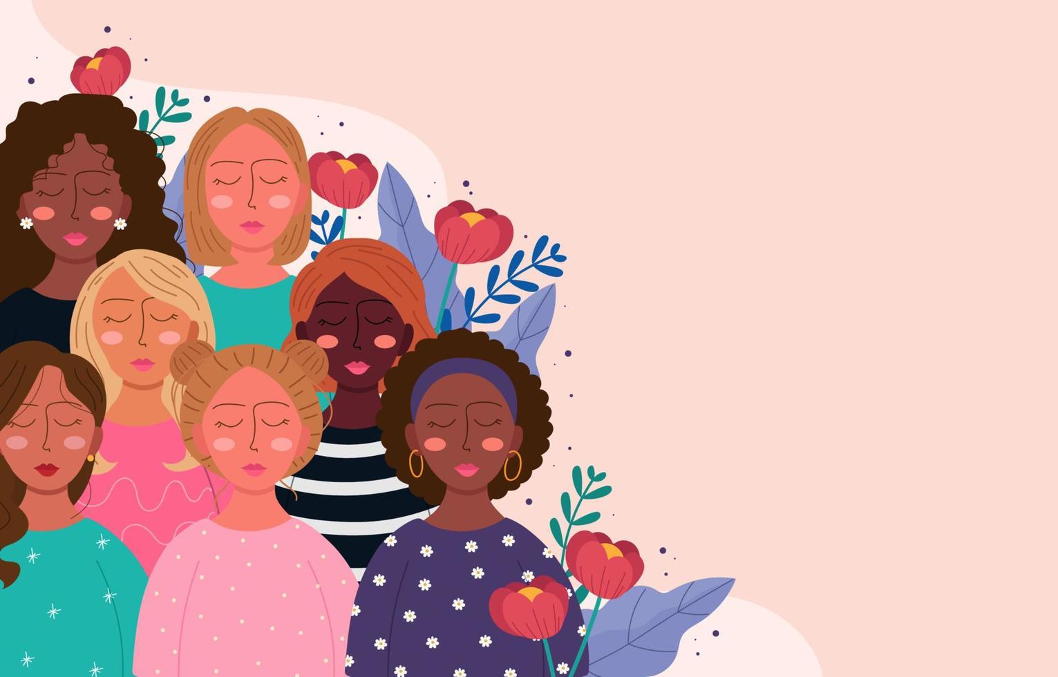 plantilla de fondo de mujeres multirraciales con floral vector