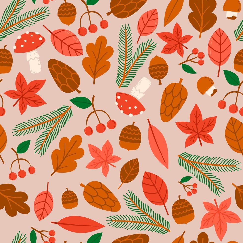 dibujado a mano otoño elementos de la naturaleza de patrones sin fisuras. hojas de otoño, hongos, ramas, conos, bellotas vector