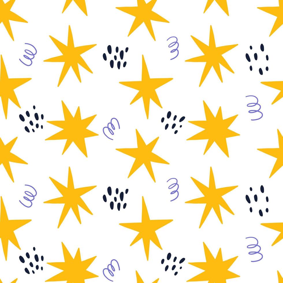Simple Seamless Pattern with Yellow Stars, Swirls and Spots on White Background. Perfect for Wrapping Paper and Children Textile vector