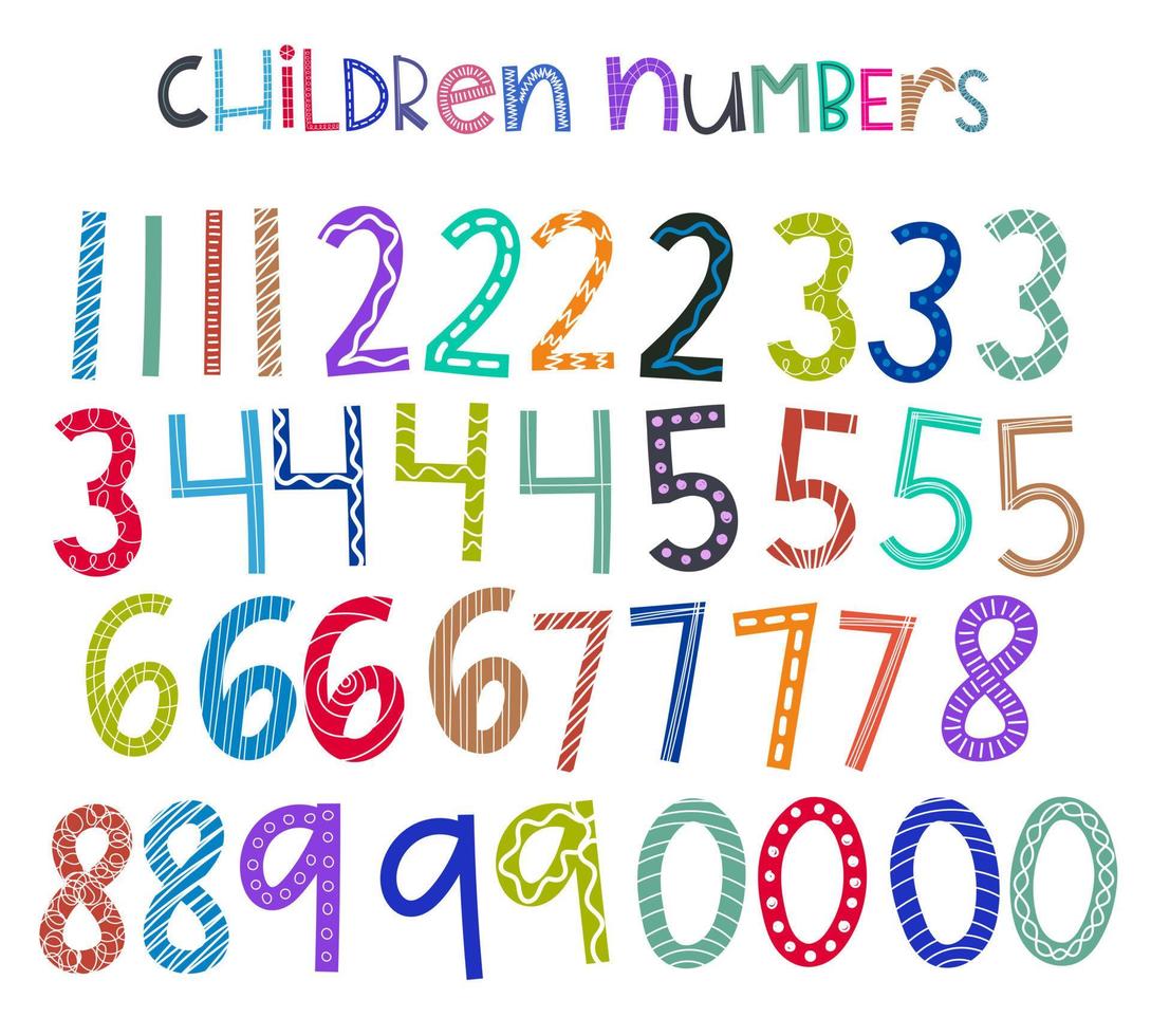 números de niños coloridos irregulares cómicos. estilos y colores aleatorios. vector
