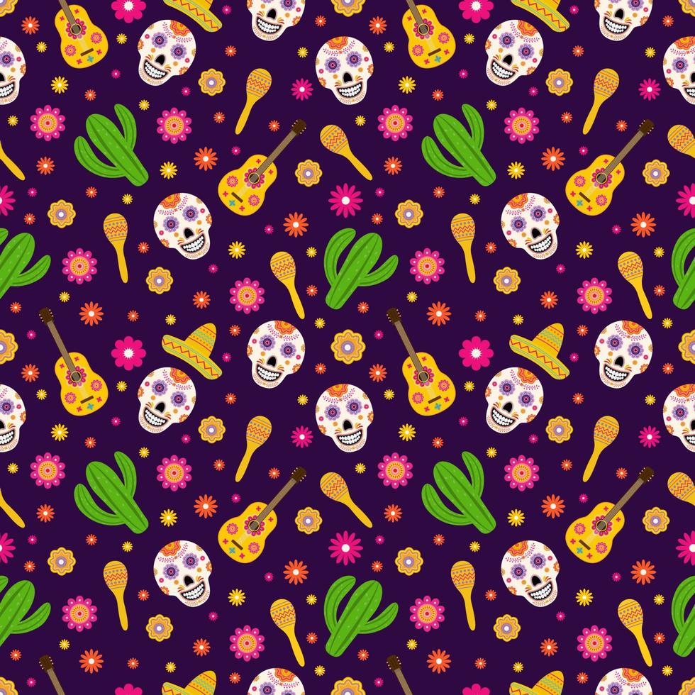 Dia de los Muertos seamless pattern of traditional Mexican symbols. Easy to edit vector template for greeting card, banner, poster, party invitation, fabric, textile, wrapping paper, etc