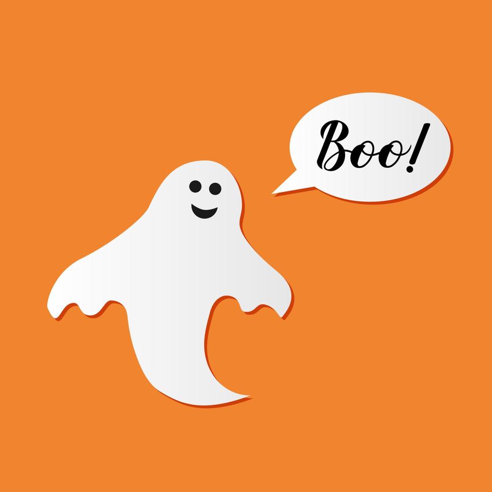 Boo hand lettering with cute cartoon ghost on orange background. Easy to edit vector template for Halloween greeting card, banner, typography poster, party invitation, t-shirt, etc.