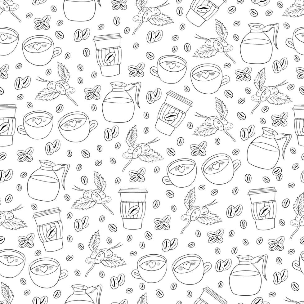 Seamless pattern with coffee beans, coffee cups and coffee pot. Collection of line coffee elements. Modern doodle background for packaging, textile, menus, print vector