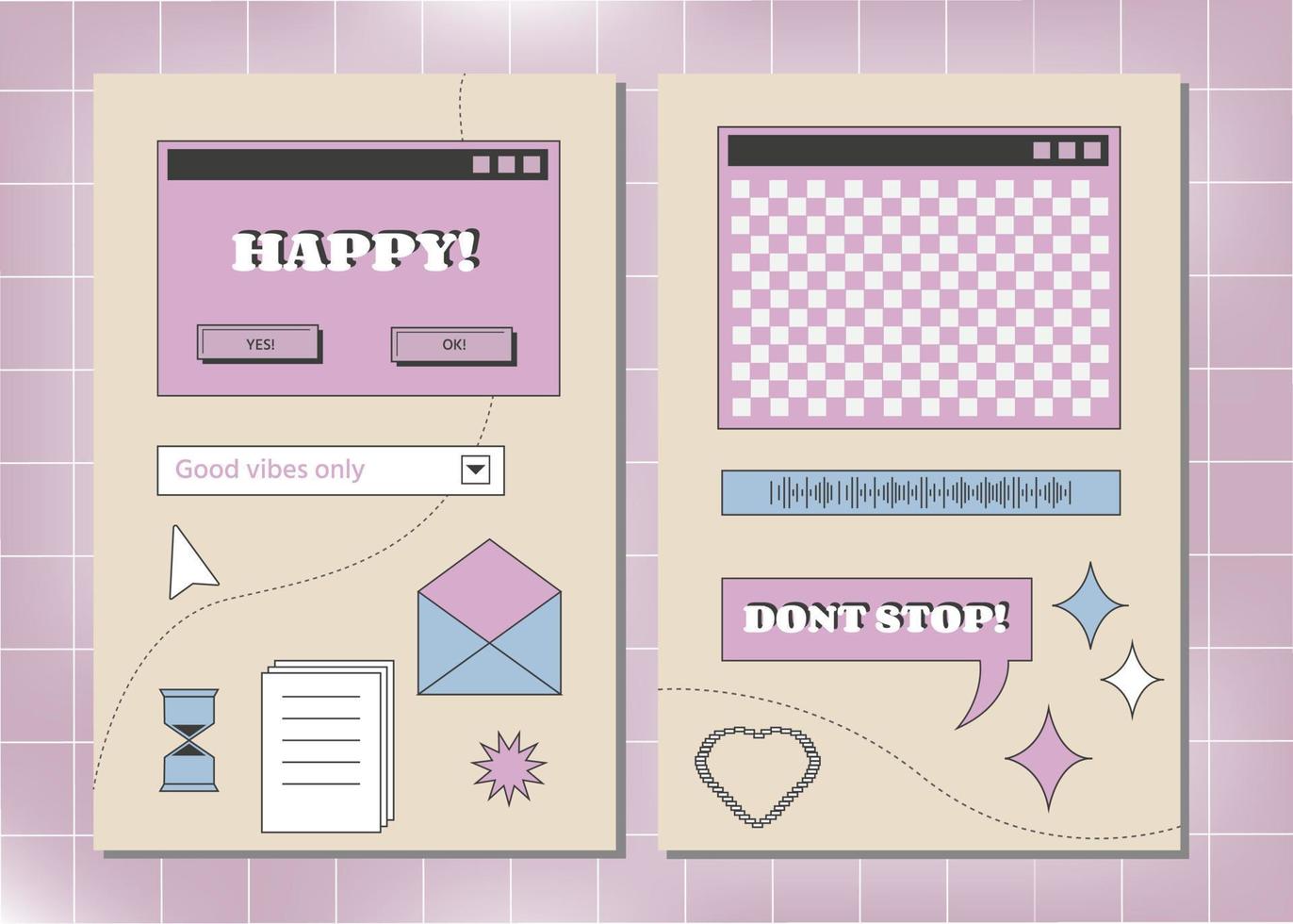 ventana de computadora de navegador retro en estilo vaporwave de los años 90 con pegatinas hipster de cara sonriente. escritorio de pc retrowave con cuadros de mensajes y elementos emergentes de la interfaz de usuario, ilustración vectorial de ui y ux vector