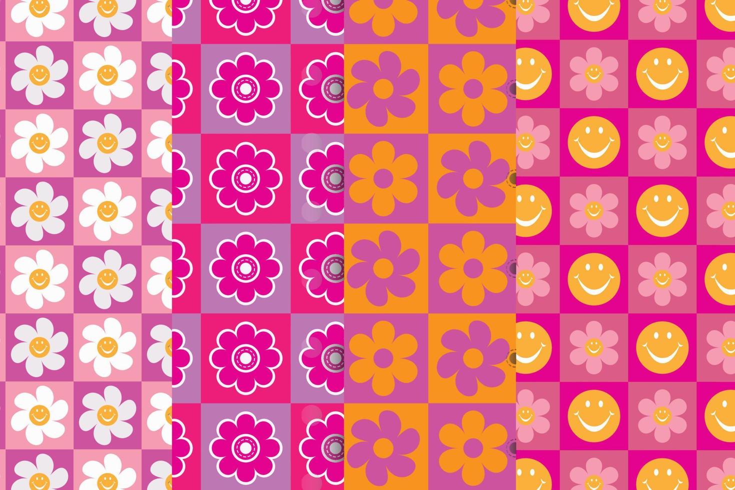 groovy flower Seamless Pattern Set vector