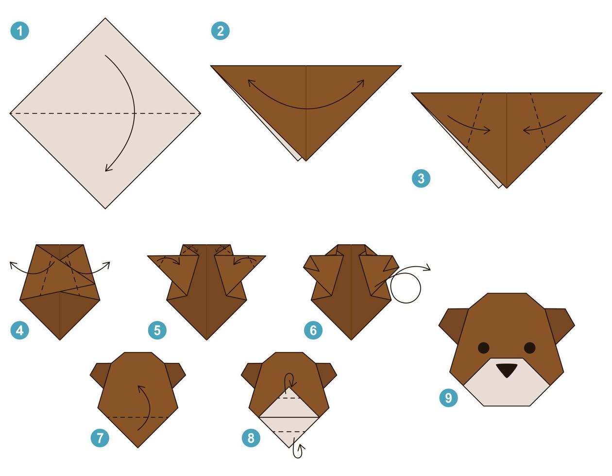 Bear origami scheme tutorial moving model. Origami for kids. Step by step how to make a cute origami bear. Vector illustration.