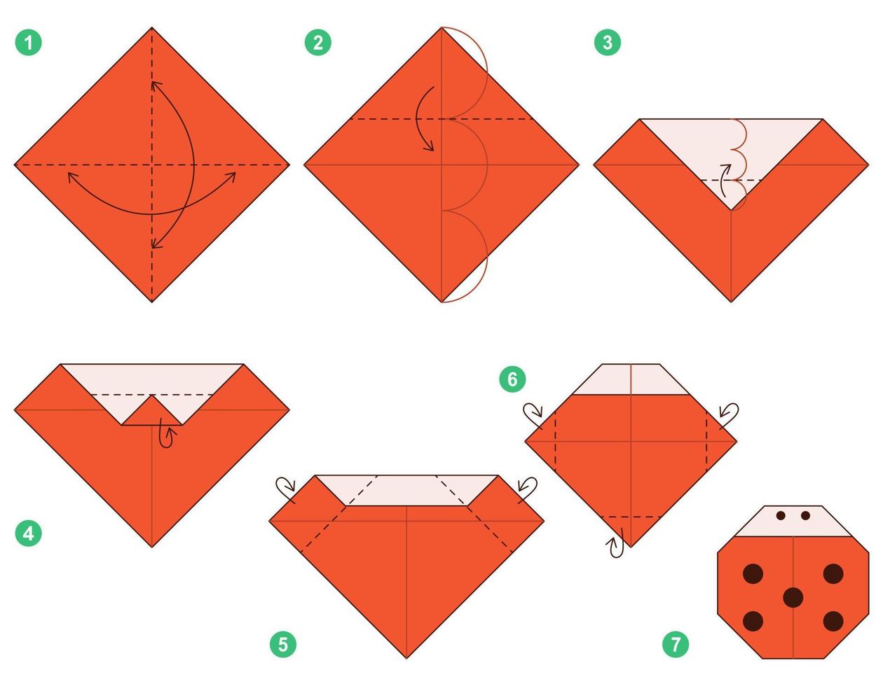 Ladybug origami scheme tutorial moving model. Origami for kids. Step by step how to make a cute origami ladybug. Vector illustration.