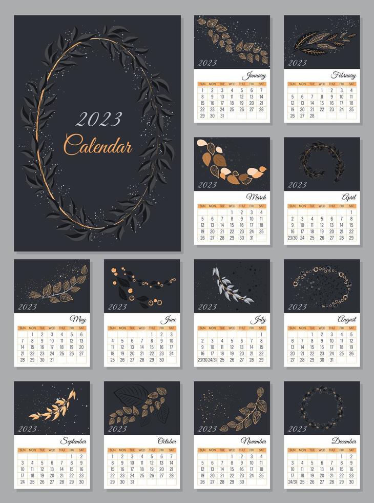 Abstract calendar for 2023 with foliage in one color scheme. Vertical A4 calendar by months, week starts from Sunday. Calendar with places for notes.12 isolated month and cover. Vector illustration