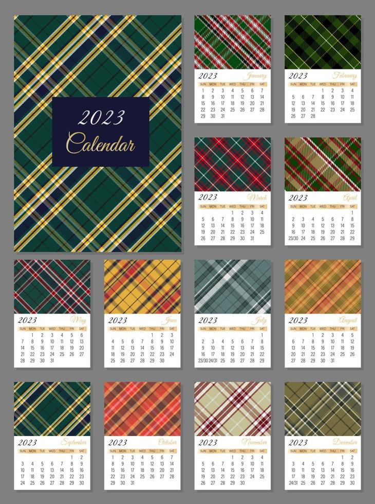 Abstract calendar for 2023 with Scottish check plaid in various color scheme. Vertical A4 calendar by months, week starts from Sunday. Calendar with places for notes.12 isolated month and cover. vector