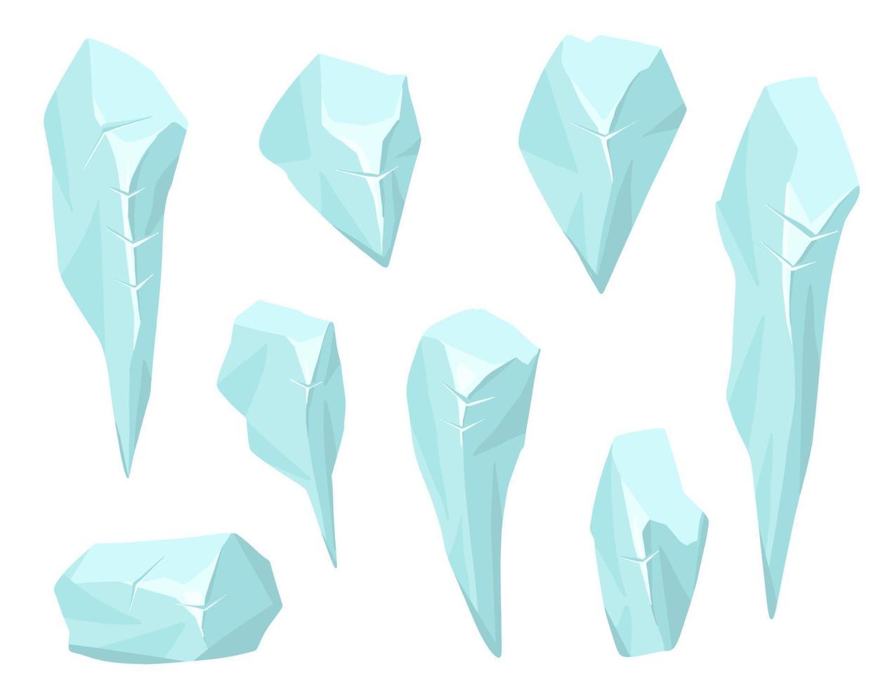 Vector Set of ice crystals. Blue magic stones in 2d style for winter design and games.