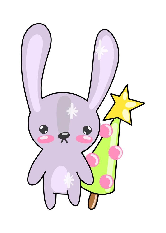 Vector illustration A cute Christmas bunny with a fancy tree. Purple hare in a flat style.