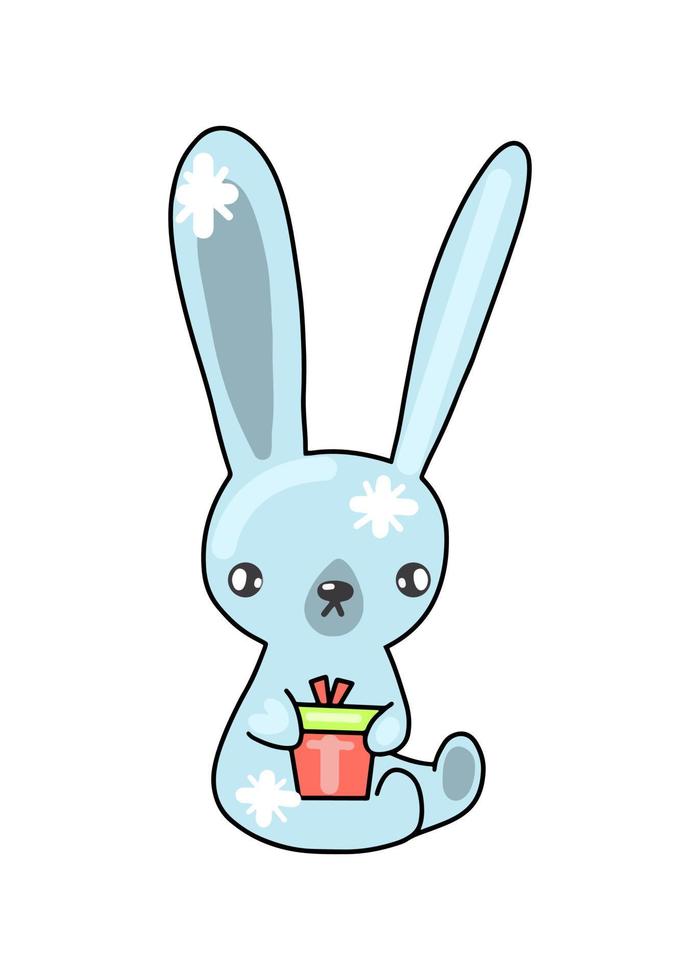 Vector illustration Cute Christmas Bunny with a New Year's gift. Blue hare drawn in a flat style.