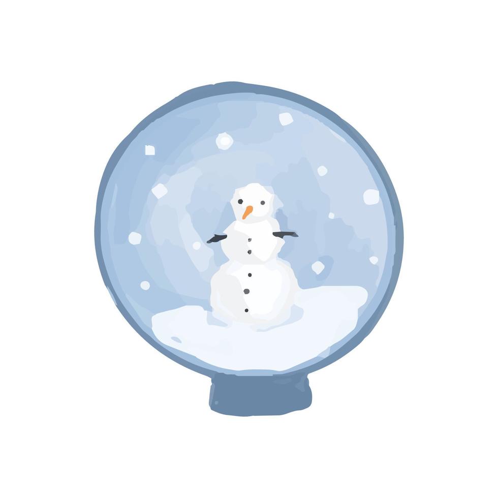 Vector Snowman in Snow Globe hand drawn in watercolor. Winter blue illustration for christmas.