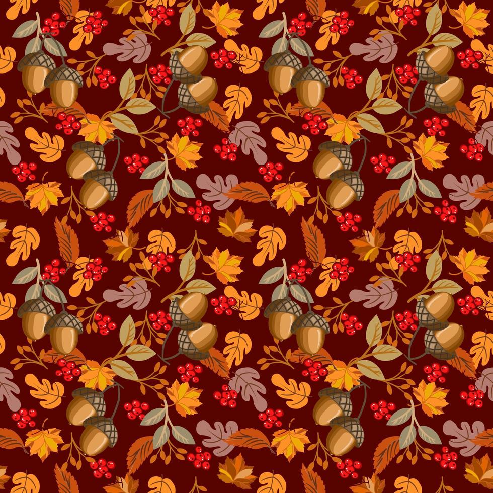 otoño y otoño de patrones sin fisuras o papel tapiz, frutos rojos, hojas de otoño y bellota. vector