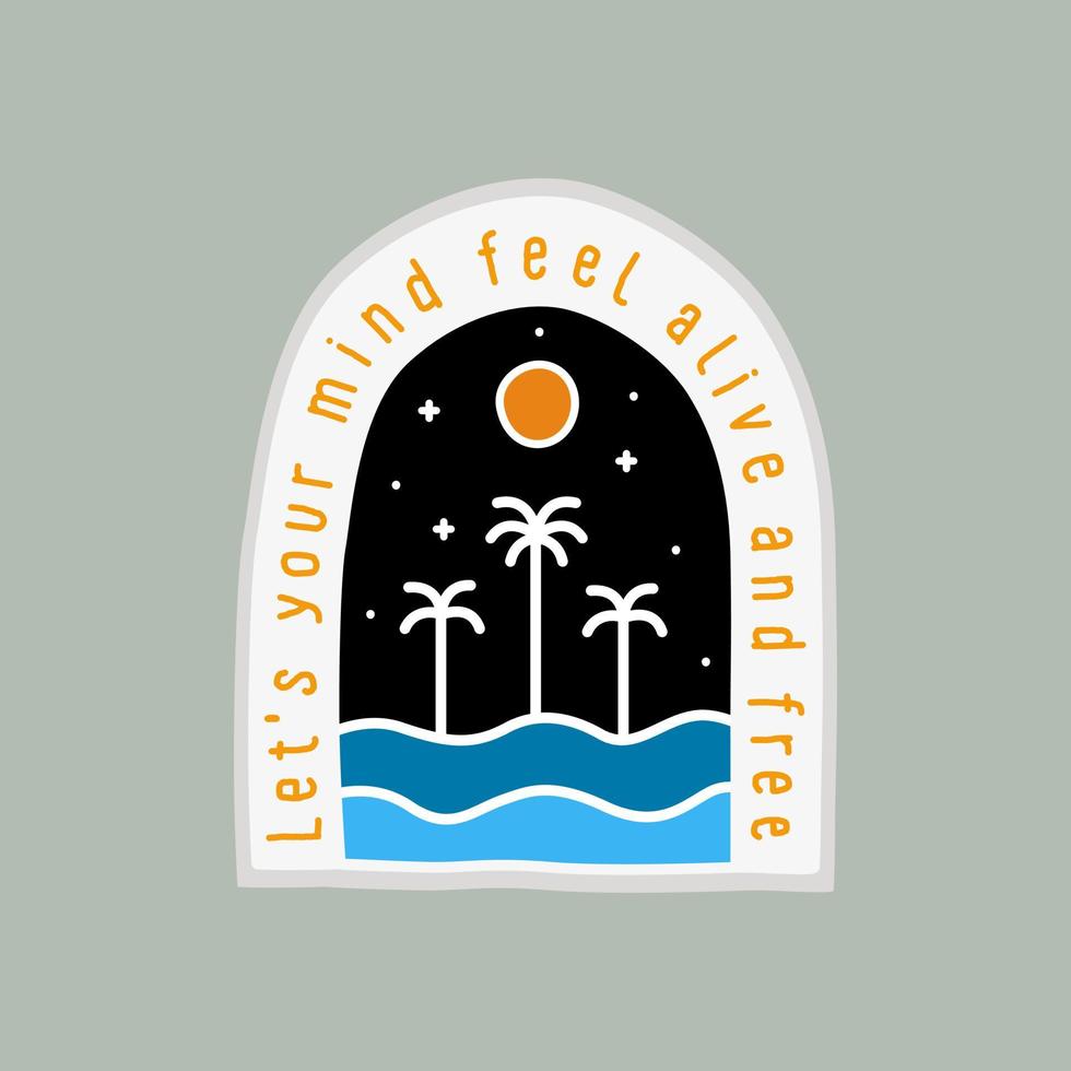 mono line of the waves and palm coconut trees design for t-shirt, badge, sticker, and etc vector