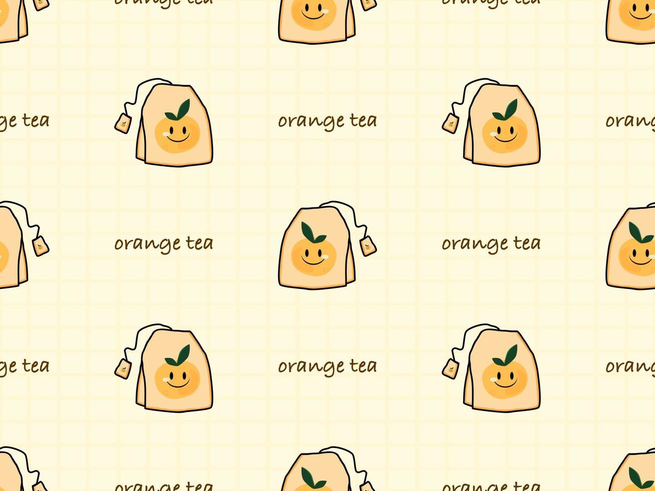 Orange tea cartoon character seamless pattern on yellow background vector