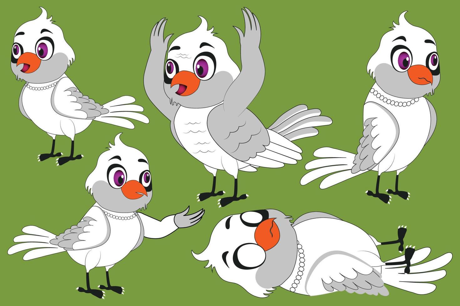Set of white pigeons in green background vector