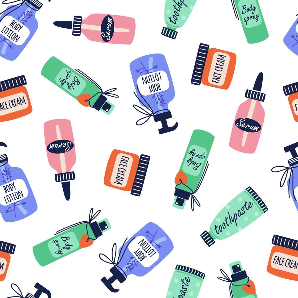 Natural cosmetics seamless vector pattern. Lotion, body spray, serum
