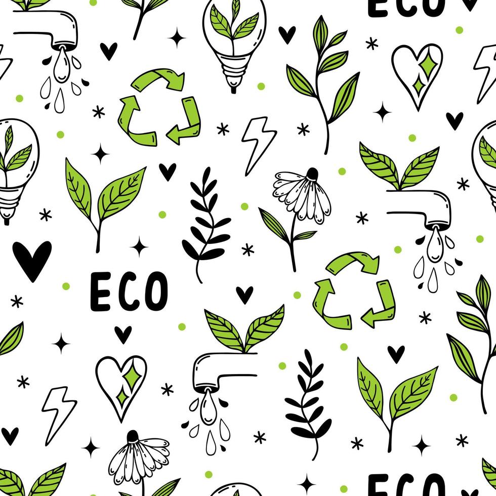 Eco doodles seamless vector pattern. Symbols of environmental care - bioenergy, recycling, saving water. Go green, zero waste. Bio power, natural product. Background for wallpapers, wrapping papers