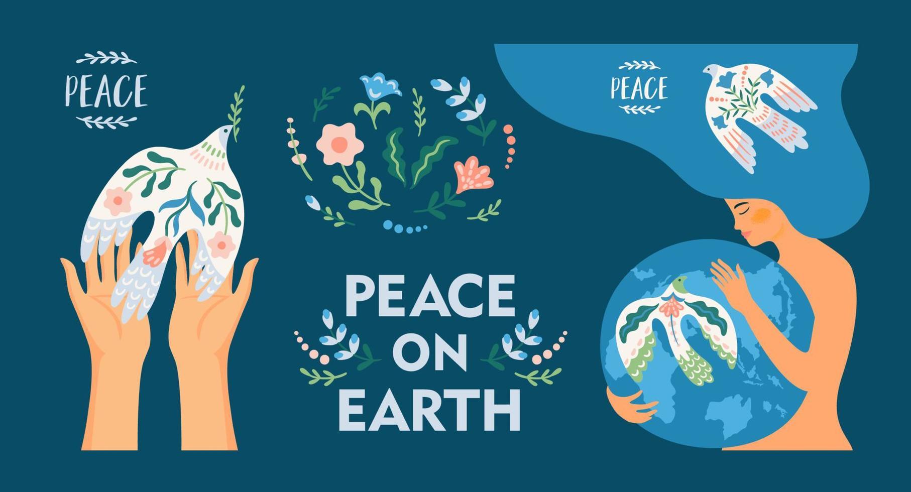 Peace on Earth. Woman and dove of peace. Vector set. Illustration for card, poster, flyer and other use
