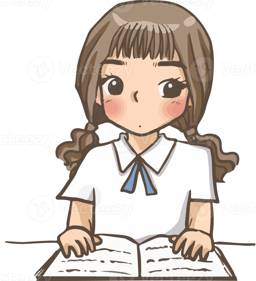 fille lisant un livre dessin animé mignonne kawaii anime illustration clipart personnage chibi dessin manga png