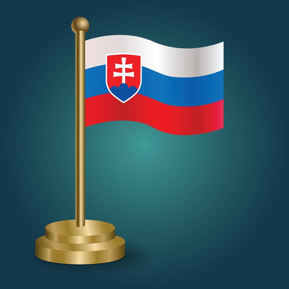 Slovakia national flag on golden pole on gradation isolated dark background. table flag, vector illustration