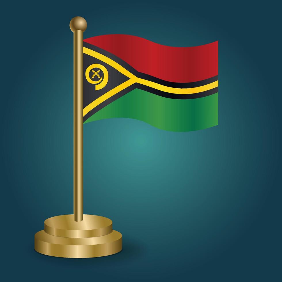 Vanuatu national flag on golden pole on gradation isolated dark background. table flag, vector illustration