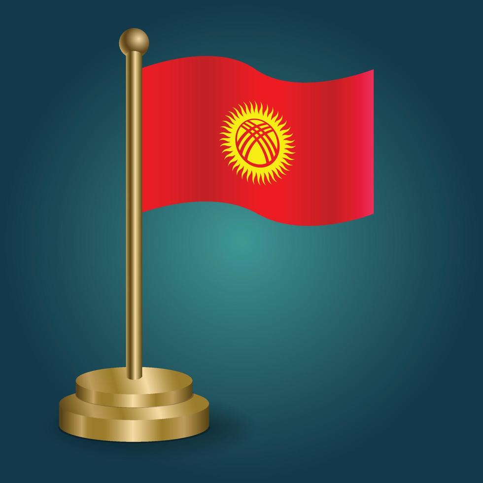 Kyrgyzstan national flag on golden pole on gradation isolated dark background. table flag, vector illustration