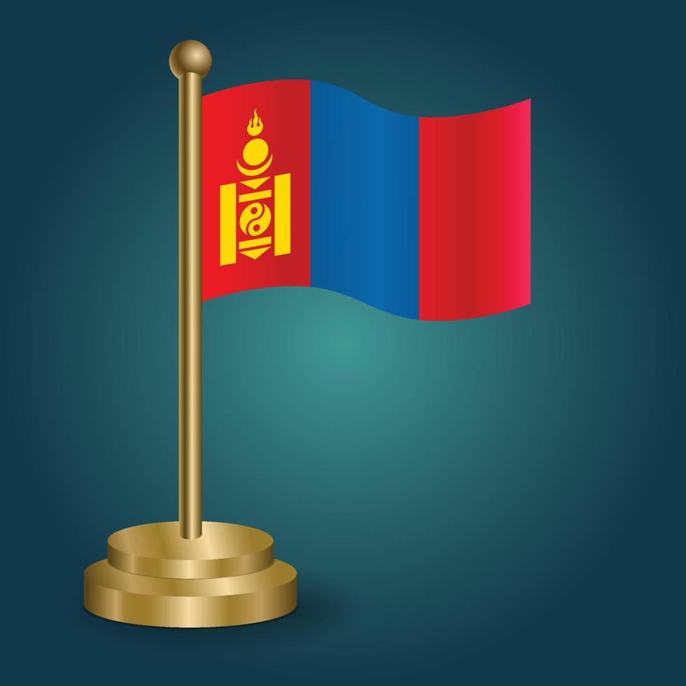 Mongolia national flag on golden pole on gradation isolated dark background. table flag, vector illustration