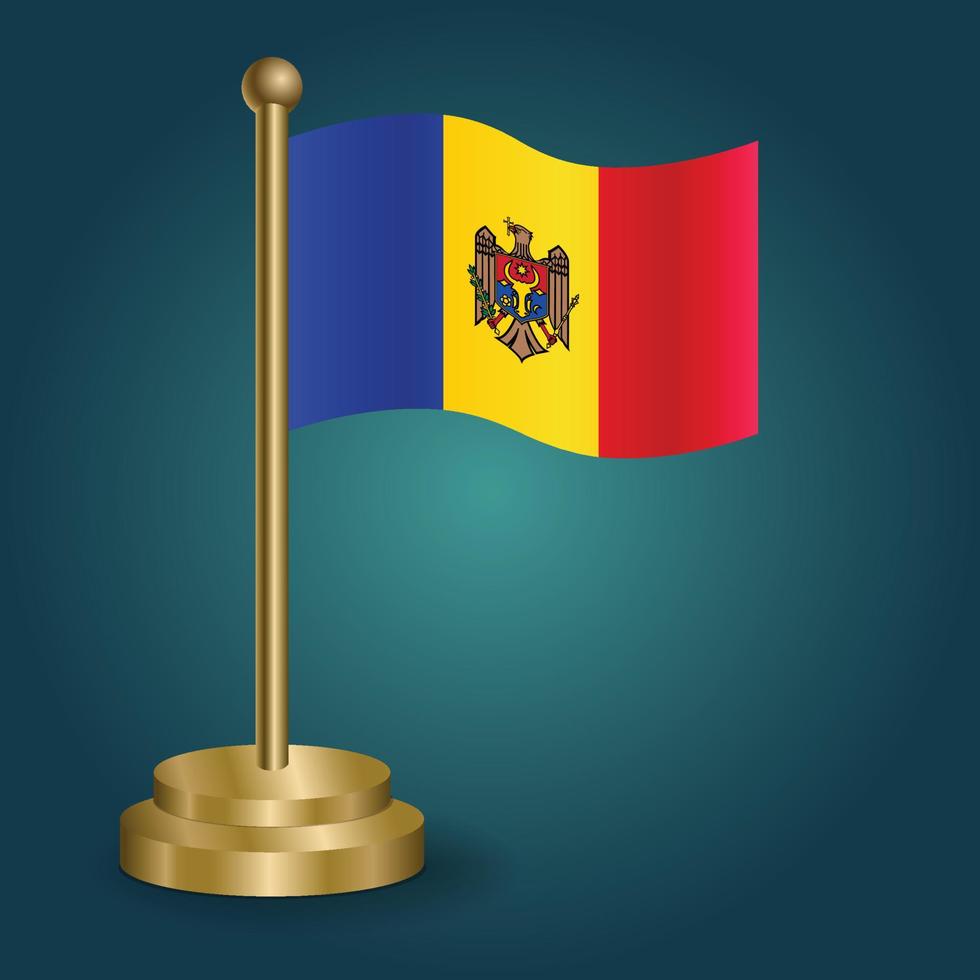 Moldova national flag on golden pole on gradation isolated dark background. table flag, vector illustration