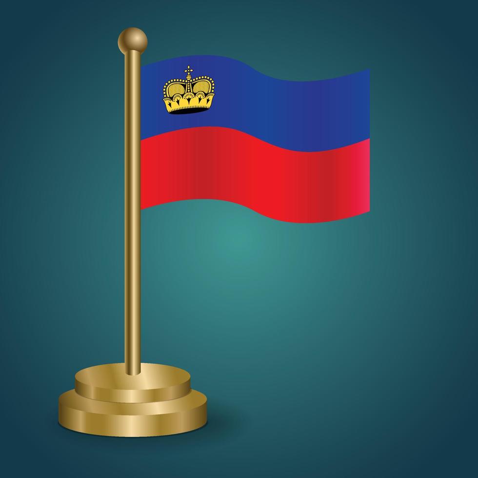 Liechtenstein national flag on golden pole on gradation isolated dark background. table flag, vector illustration