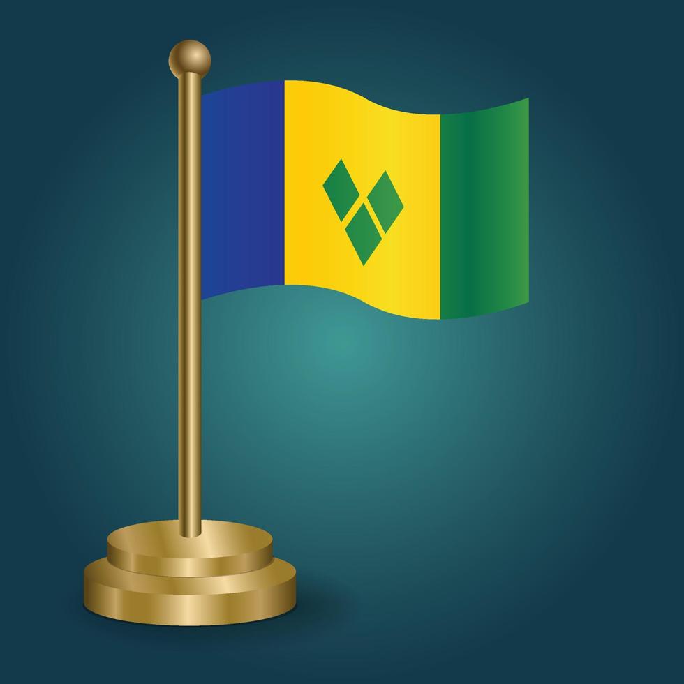 bandera nacional de san vicente y las granadinas en el poste dorado sobre fondo oscuro aislado de gradación. bandera de mesa, ilustración vectorial vector