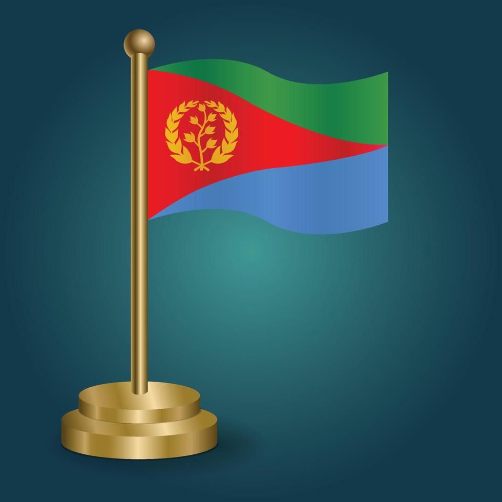 Eritrea national flag on golden pole on gradation isolated dark background. table flag, vector illustration
