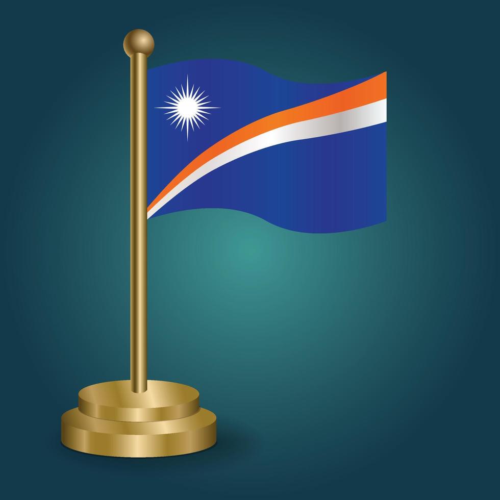 Marshall Islands national flag on golden pole on gradation isolated dark background. table flag, vector illustration