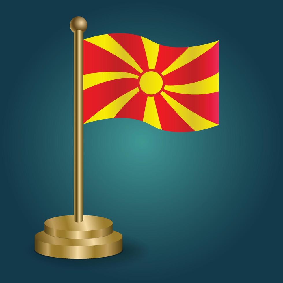 Macedonia national flag on golden pole on gradation isolated dark background. table flag, vector illustration