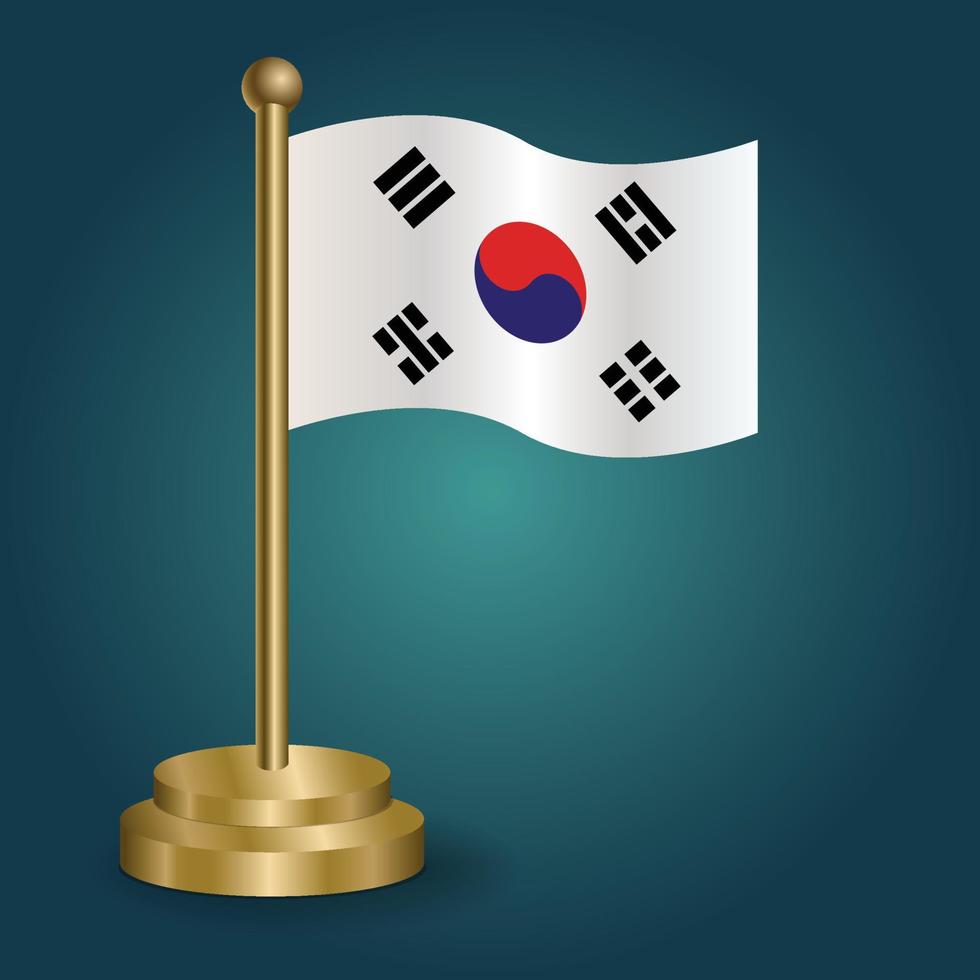 South Korea national flag on golden pole on gradation isolated dark background. table flag, vector illustration