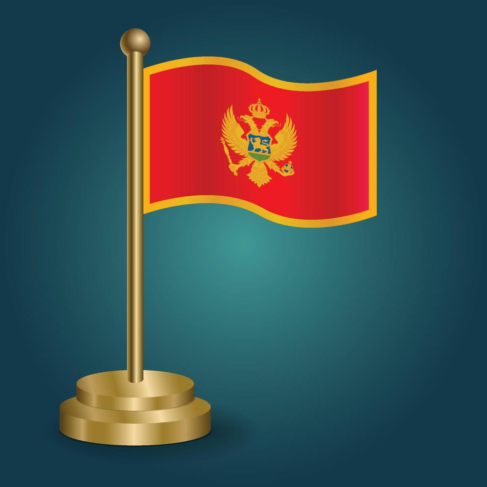 Montenegro national flag on golden pole on gradation isolated dark background. table flag, vector illustration