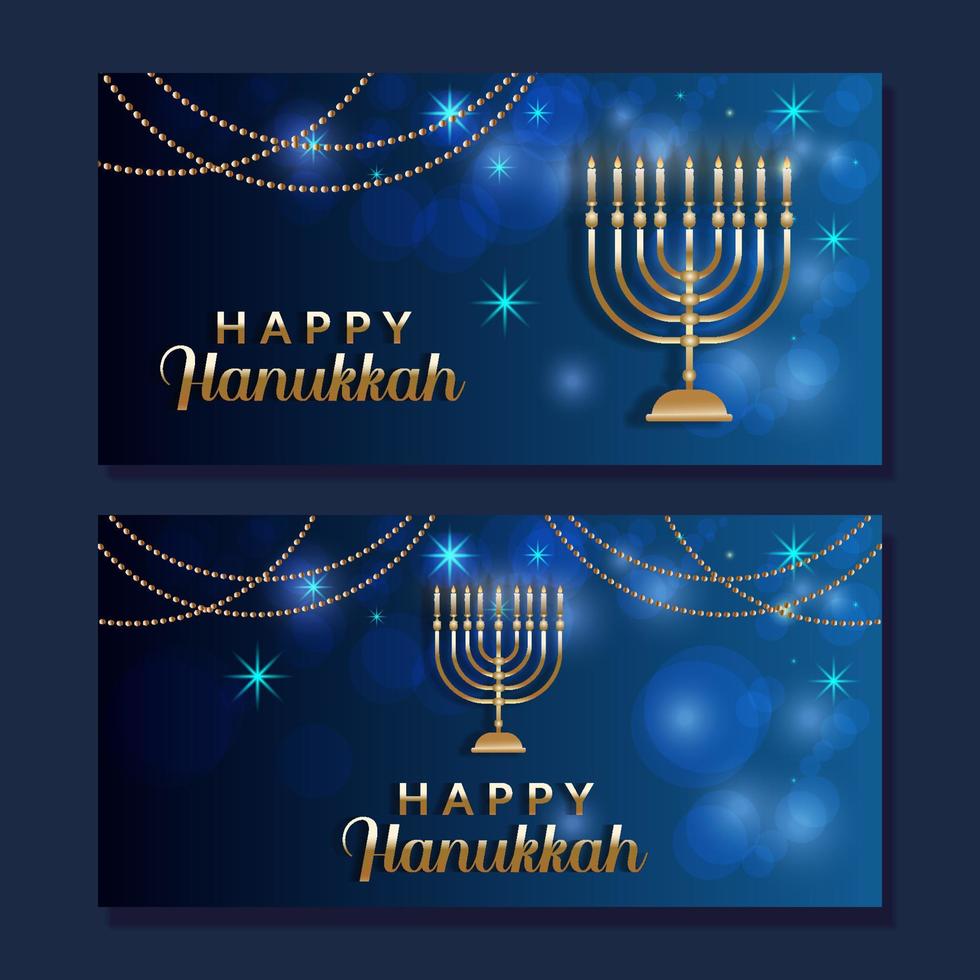 feliz hanukkah en color azul y dorado conjunto de ilustración de banner horizontal vector