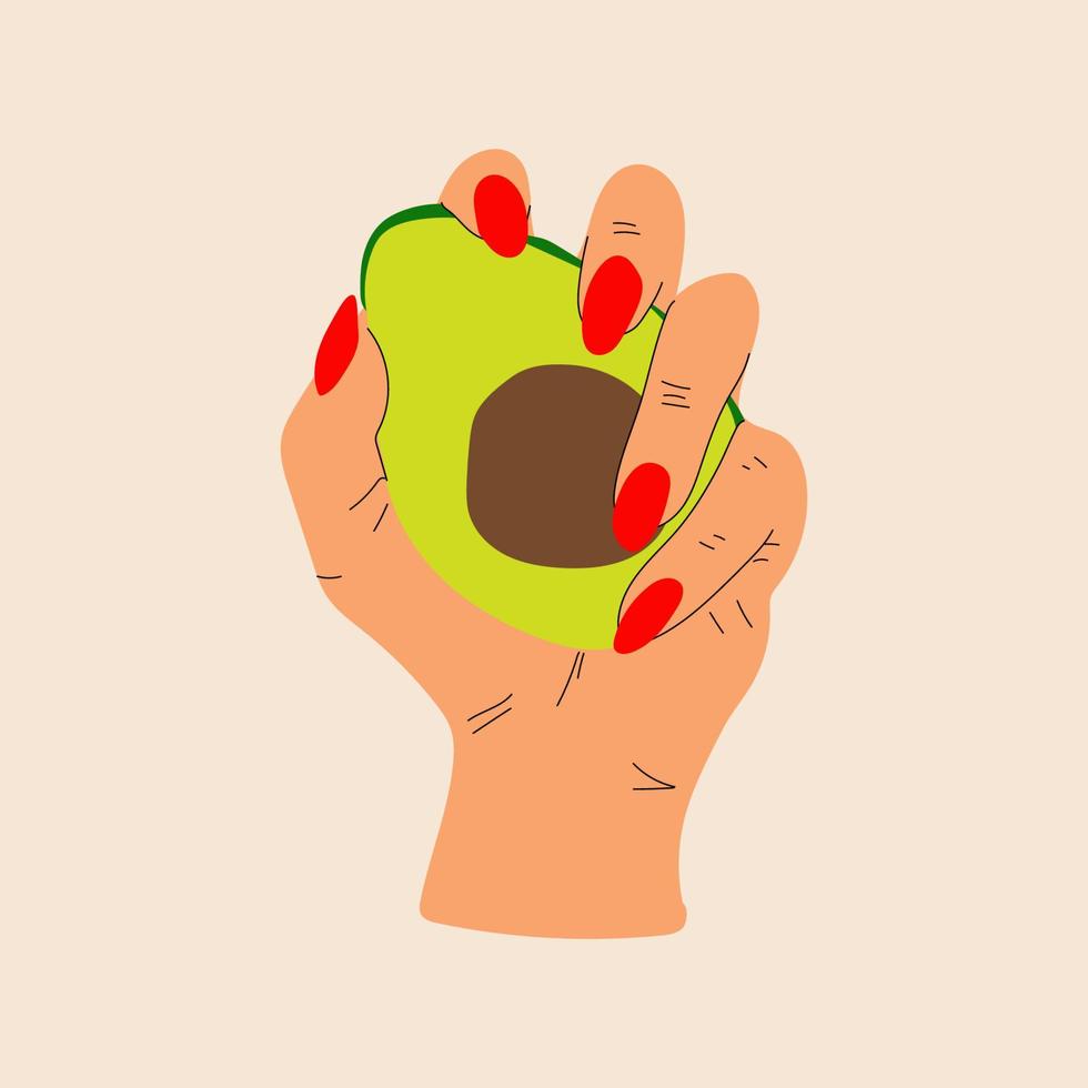Hand holding an avocado. Vector . All elements are isolated
