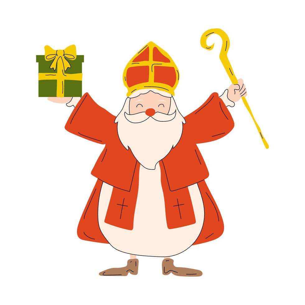 Saint Nicholas christmas character vector set. Saint Nicholas christmas characters with standing pose and happy expression holding gifts and letter element for xmas design collection
