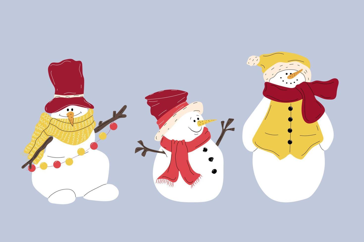 Set of Cute Christmas snowmen in hats and scarves. Funny characters. Isolated flat vector illustration.