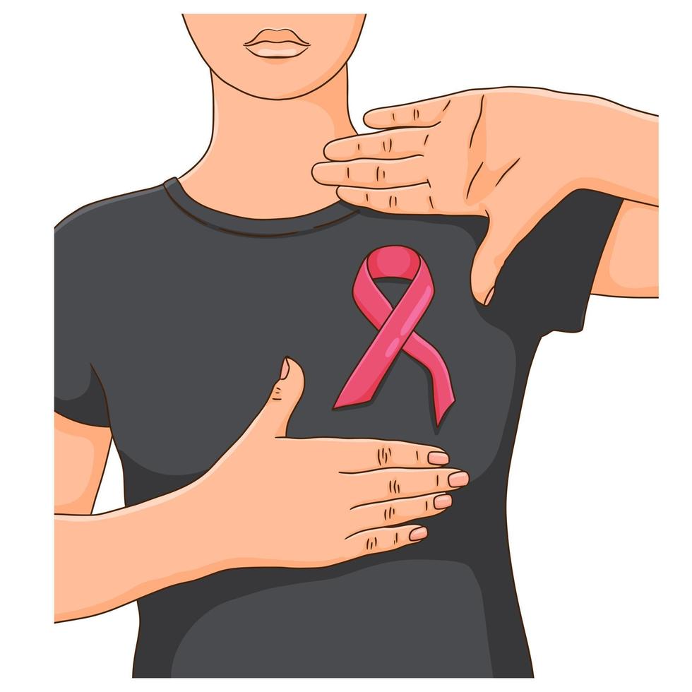 Breast cancer awareness month. Woman pointing at pink ribbon with her hands vector