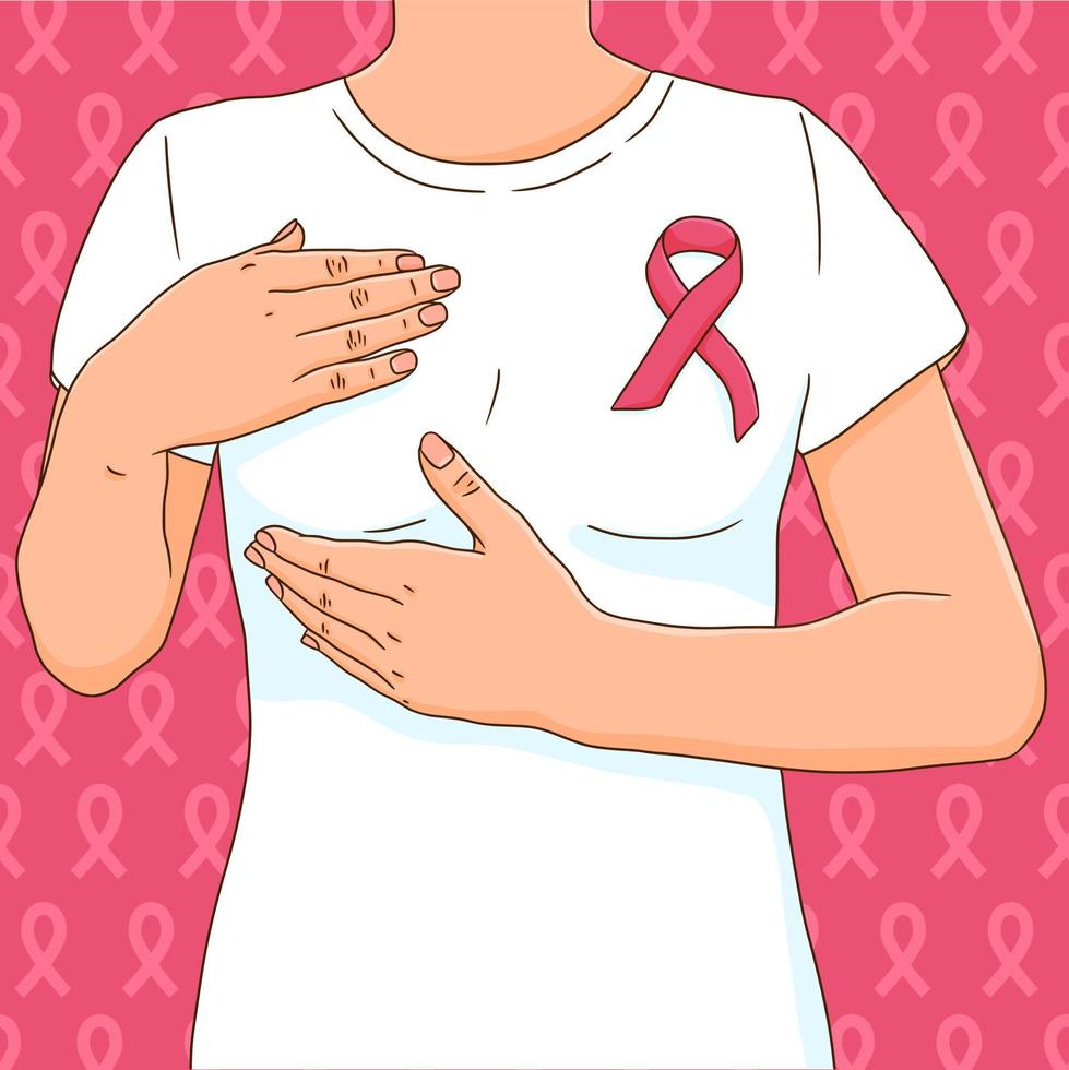 Breast cancer awareness month. Woman wearing pink ribbon and covering her breast. Support or proud survivor concept vector