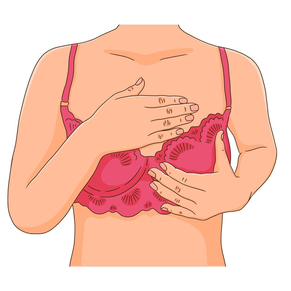 Female breast health concept. Woman wearing pink lace bra, hands over the chest. Self diagnostic, mammography importance concept vector