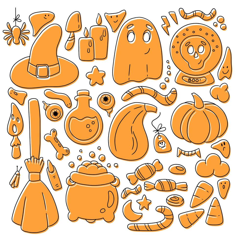 conjunto de elementos de halloween, lindo estilo de línea dibujado a mano con sombras. sombrero de bruja, caldera, escoba, poción, murciélago, araña, caramelo, fantasma vector