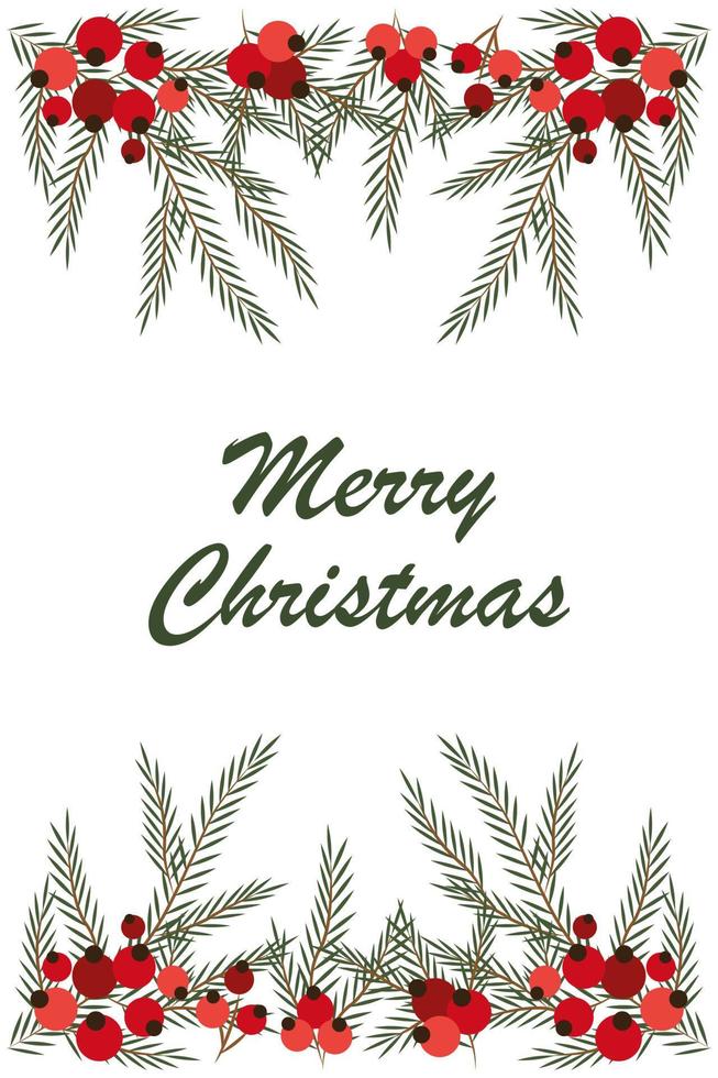 Merry Christmas card with spruce branches and red berries. vector illustration