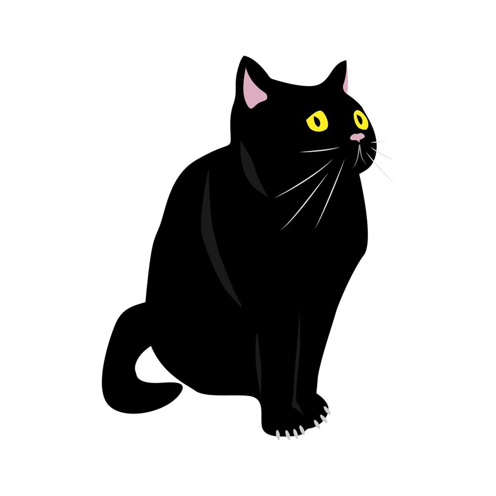Black cat sits and looks away. vector illustration