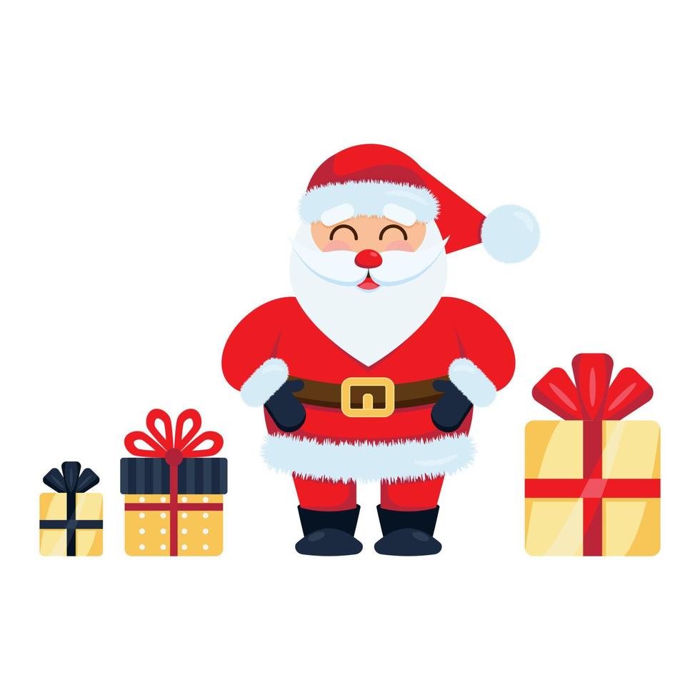 Cute funny Santa Claus with gift boxes. vector illustration